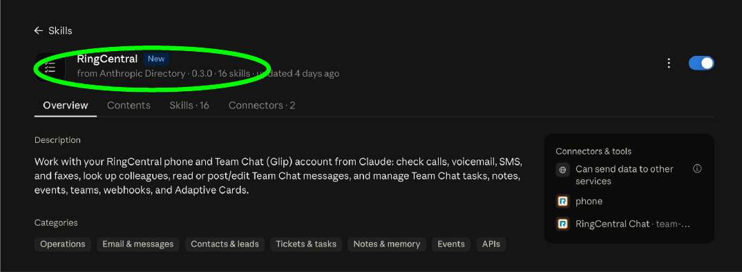 The installed RingCentral plugin