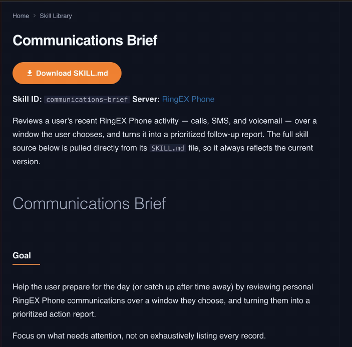 A skill page in the RingCentral skill library