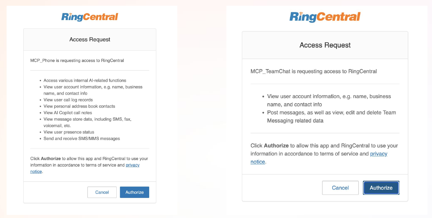 Access Request pages for RingEX Phone and Team Chat