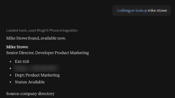Colleague lookup returns title, extension, department, and status