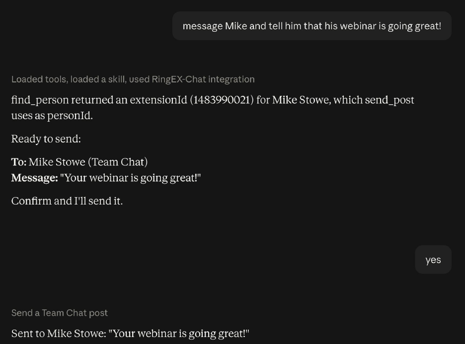 Claude drafts the post, waits for confirmation, then sends it