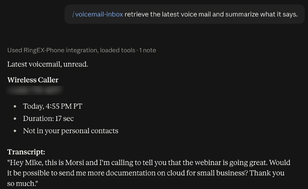 The latest voicemail, with caller details and full transcript