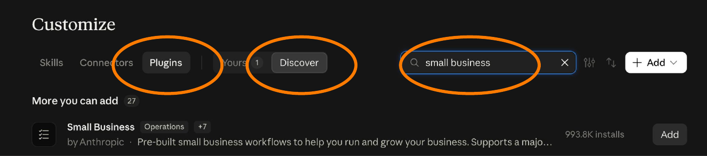 Plugins, then Discover, then search small business