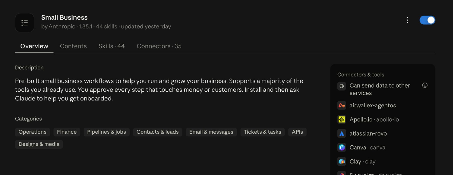 Small Business by Anthropic, installed and turned on