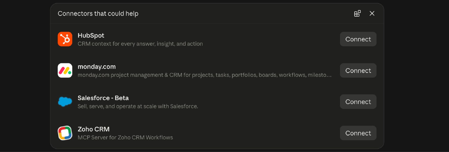 Choose your CRM from the connectors Claude suggests