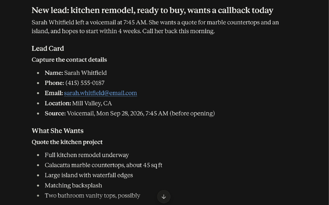 Speed to Lead turns a voicemail into a ready-to-call lead card