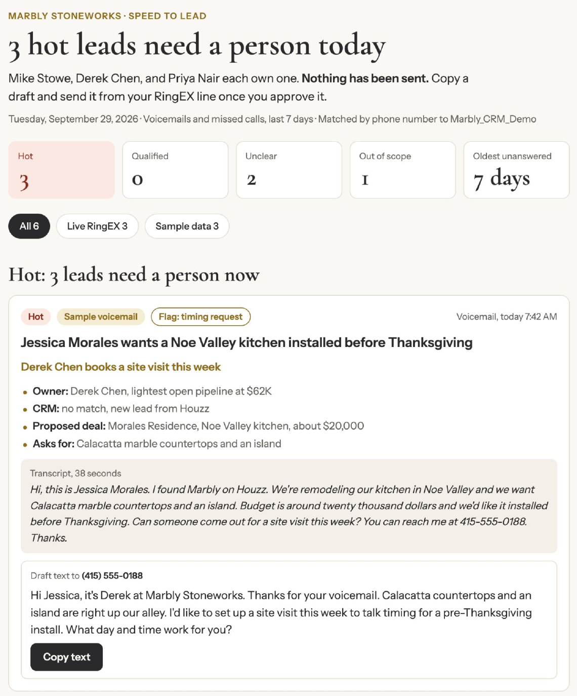 The lead board: hot leads first, each with an owner, transcript, and draft reply