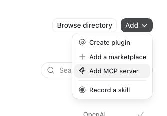 Codex Add menu with Add MCP server highlighted