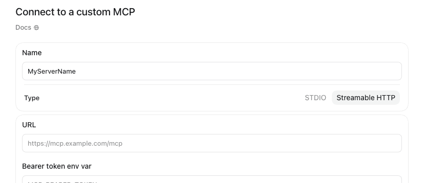 Codex Connect to a custom MCP form with Name, Type, and URL fields