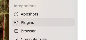 Codex Settings panel with Integrations > Plugins highlighted